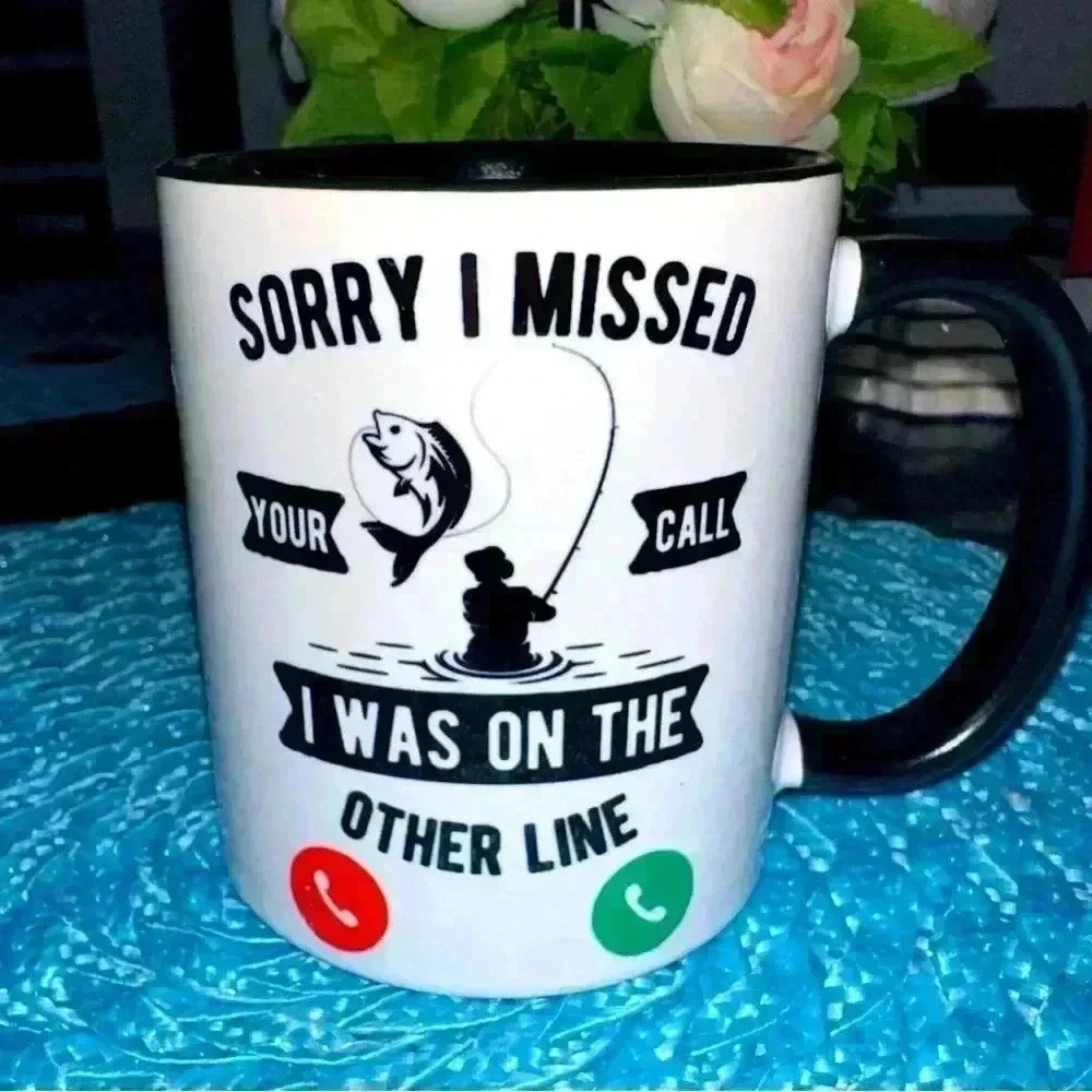Sorry I Missed Your Call Coffee Fishing Mug in Black and White‎